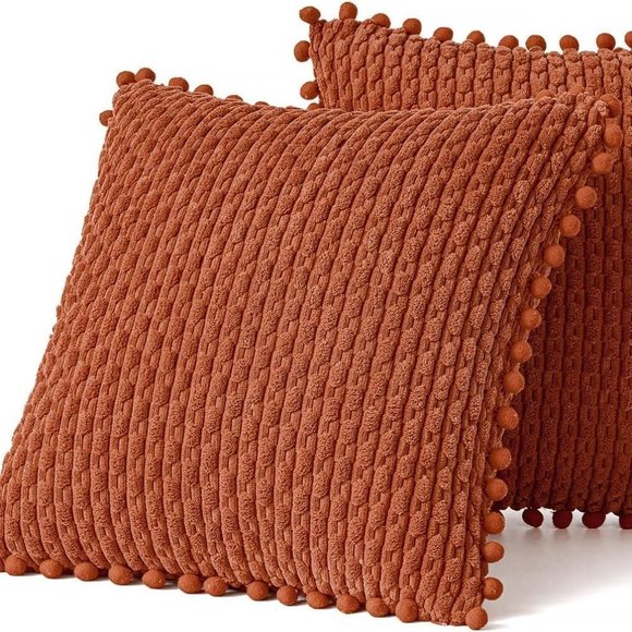 Pompom Orange Stripe Texture Corduroy Farmhouse Cute Luxury Soft PillowCover Set - Picture 6 of 7